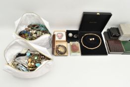 A BOX OF ASSORTED COSTUME JEWELLERY, two bags of assorted beaded necklaces, chains, clip on earrings