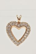 A 9CT GOLD HEART PENDANT, open work heart set with colourless cubic zirconia, fitted with a split