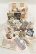 A DAMAGED USA $2 1/2 GOLD COIN 1909, WITH A BOX CONTAINING MIXED COINS AND BANKNOTES, the gold