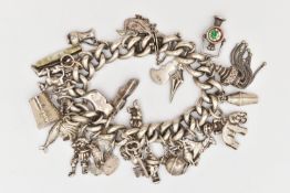 A WHITE METAL CHARM BRACELET, a large curb link chain bracelet, fitted with an integrated push pin