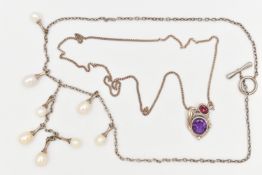 TWO WHITE METAL GEM SET NECKLACES, the first a modern multi gem set art nouveau style pendant,