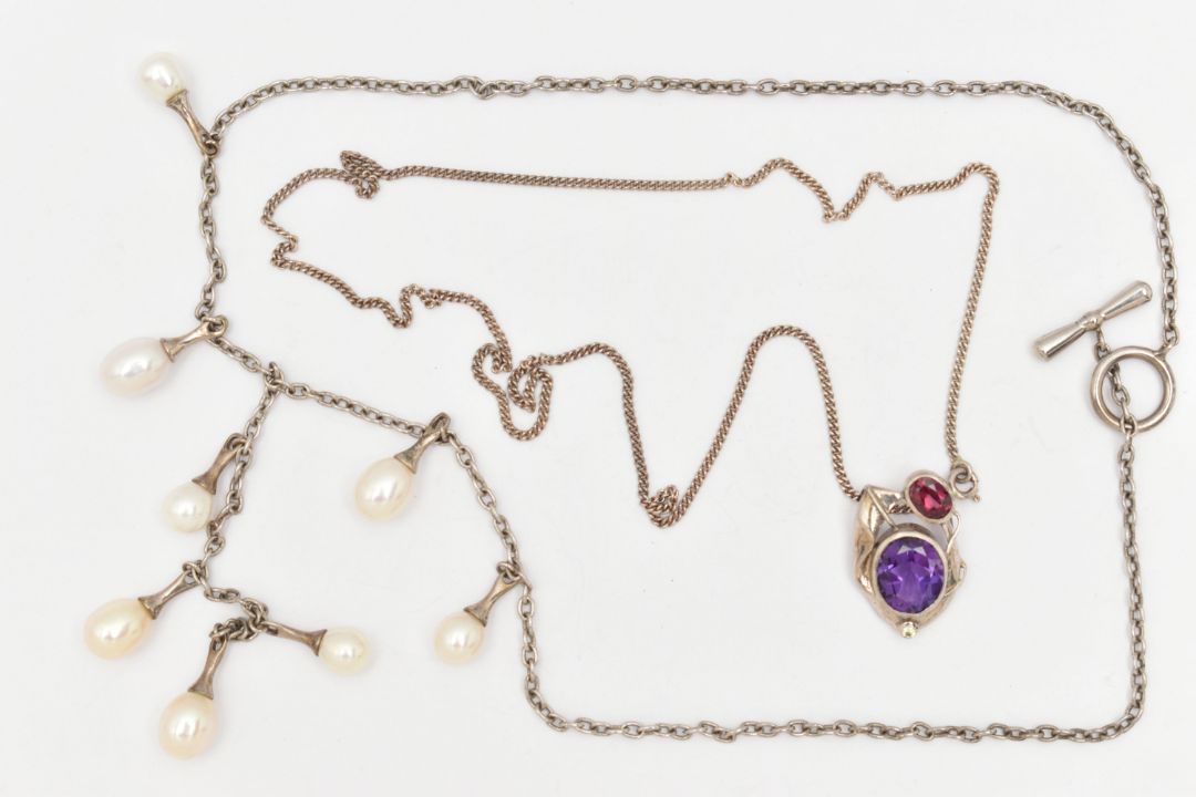 TWO WHITE METAL GEM SET NECKLACES, the first a modern multi gem set art nouveau style pendant, - Image 1 of 3