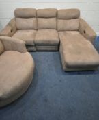 A LIGHT BROWN SUEDE ELECTRIC RECLINING CORNER SOFA, 228cm x depth 162cm x height 94cm, along with