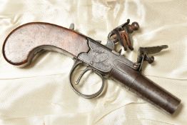 AN EARLY 19TH CENTURY ENGLISH FLINTLOCK POCKET PISTOL BY BRUNN OF LONDON, plain walnut grip,