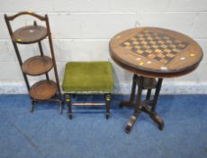 A MAHOGANY TILT TOP CHESS TABLE, diameter 62cm x height 73cm, a three tier folding cake stand, along