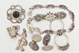 AN ASSORTMENT OF SILVER AND WHITE METAL JEWELLERY, to include a pair of silver oval chain link