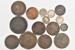 A SMALL BAG OF COINS, five early 20th century Three Pence coins (one coin mounted with a small bail)