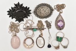 A BAG OF ASSORTED JEWELLERY, to include a silver amethyst ring, hallmarked Sheffield, a white
