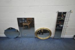 A WIRE SPUTNIK STYLE WALL MIRROR, 137cm x 59cm, a rectangular wall mirror, and three other