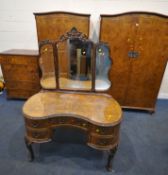 A 20TH CENTURY QUEEN ANNE STYLE WALNUT FOUR PIECE BEDROOM SUITE, comprising a double door