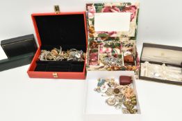 A BOX OF ASSORTED ITEMS, to include two jewellery boxes of costume jewellery and watches,