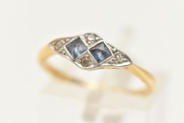 A YELLOW AND WHITE METAL SAPPHIRE AND DIAMOND ART DECO RING, ring head of a lozenge shape set with