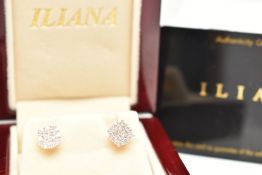 A PAIR OF MODERN ILIANA 18CT WHITE AND YELLOW GOLD DIAMOND EARRINGS, each ear stud set with four
