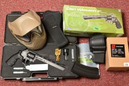 A DAN WESSON 8'' CO2 POWERED 6MM AIRSOFT GUN, in a plastic carrying case, with pellet cannisters,