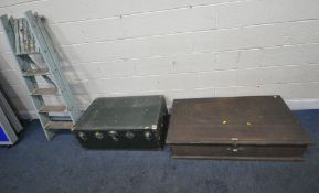 A LOW WOODEN LIDDED TRUNK, width 122cm x depth 61cm x height 29cm, another trunk, and a set of