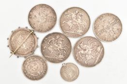 A GROUP OF MAINLY UK SILVER COINS, to include 2x 1889 Crown coins, 1900 LX1V Crown, 1887, 1890