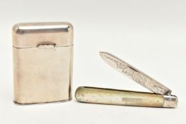 A SILVER FRUIT KNIFE AND A WHITE METAL LIGHTER, fruit knife hallmarked 'James Fenton & Co' Sheffield