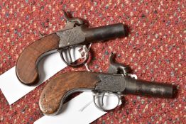 TWO 19TH CENTURY FLINTLOCK POCKET PISTOLS, both with plain walnut grips, one marked Pritchard and