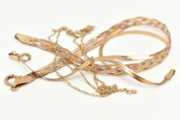 TWO BRACELETS AND A FINE CHAIN, a tri colour plaited bracelet, fitted with a spring clasp,