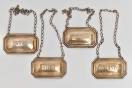 FOUR SILVER DECANTER LABELS, rectangular form with chains, hallmarked 'W I Broadway & Co' Birmingham