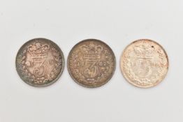 A PARCEL OF VICTORIA THREEPENCE 3d COINS, young head 1879, 1882, 1887, all good grades (3)