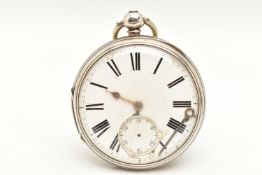 A SILVER OPEN FACE POCKET WATCH, key wound, round white Roman numeral dial, subsidiary dial at the