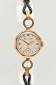 A 9CT GOLD LADIES 'ROLEX' WRISTWATCH, hand wound movement, round white dial signed 'Rolex', baton