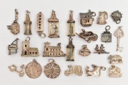 ASSORTED WHITE METAL CHARMS, in various forms to include church, boots, houses, shell, tankard,
