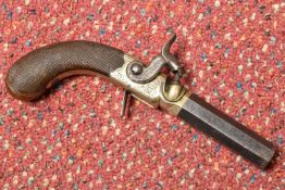 A 19TH CENTURY ENGLISH PERCUSSION POCKET PISTOL BY VENABLES OF OXFORD, with chequered walnut grip,