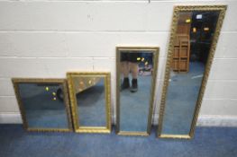 FOUR GILT FRAME RECTANGULAR WALL MIRRORS, largest 128cm x depth 37cm (condition report: small