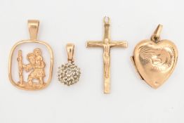 FOUR 9CT GOLD PENDANTS, the first a yellow gold open work St Christoper pendant, the second a yellow