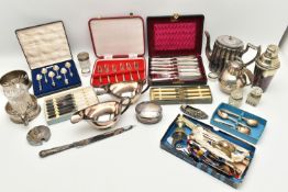 A BOX OF ASSORTED WHITE METAL WARE, to include a teapot, two gravy boats, cocktail shaker, two