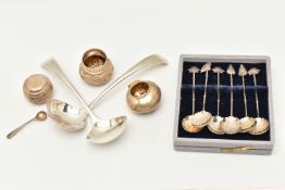 ASSORTED ITEMS OF SILVER AND WHITE METAL WARE, to include two old English pattern small ladles, each