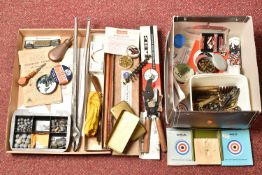 TWO BOXES OF SHOOTING ACCESSORIES AND COLLECTABLES, ETC, including an incomplete boxed Webley gun