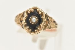 A YELLOW METAL RING, a 19th century mourning ring set with a single seed pearl, unmarked, ring