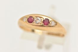 AN 18CT GOLD RUBY AND DIAMOND BOAT RING, set with three old cut diamonds interspaced with two