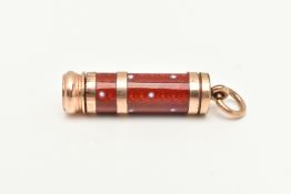 A GOLD PLATED AND ENAMEL COMPACT PENCIL, extendable pencil within a red guilloche enamel and gold