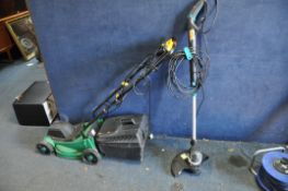 A B&Q ELECTRIC LAWN MOWER with grass box, a MacAllister electric strimmer (both PAT pass and