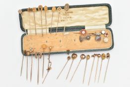 A COLLECTION OF CASED VICTORIAN TO MID 20TH CENTURY STICK PINS, set with diamonds, sapphires,
