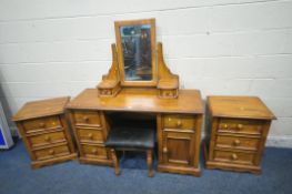 A MODERN HARDWOOD FOUR PIECE BEDROOM SUITE, comprising a dressing table, with a single mirror, and
