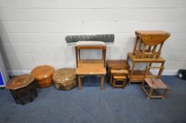 A LARGE SELECTION OF OCCASIONAL FURNITURE, to include two leather stools, a hardwood octagonal
