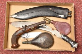 AN EARLY 19TH CENTURY PERCUSSION PISTOL WITH CHEQUERED WALNUT STOCK, 11cm octagonal barrel, lacks