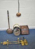 A SELECTION OF FIREPLACE ACCESSORIES, to include an oak coal scuttle, a brass scuttle, two copper