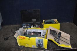 A SELECTION OF BOXED BOSCH POWER TOOLS, including a POF500A 1/4in router with cutters, a PHO15-82