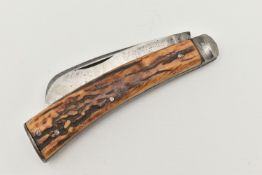 A CALAM FLAT CAP PRUNNING KNIFE, fitted with an antler handle, blade signed 'Calam', approximate