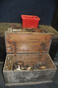 AN EARLY 20th CENTURY PINE TOOLCHEST CONTAINING CARPENTRY TOOLS including two compassing coffin
