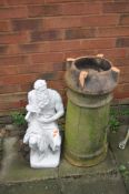 A PLASTER GARDEN FIGURE OF A GRECIAN SCHOLAR height 59cm and a damaged chimney pot, Condition