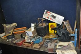 TWO BAGS, A BUCKET AND A DRAWER CONTAINING HAND TOOLS including a Moore and Wright micrometer, a