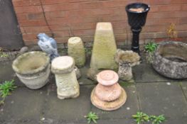 A COLLECTION OF MODERN COMPOSITE GARDEN ORNAMENTS including a two piece circular planter with