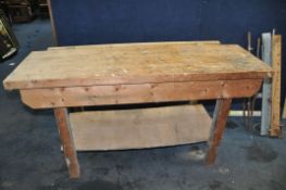 A MODERN PINE WORKBENCH with a plywood undershelf, width 153cm, depth 72cm, height 85cm